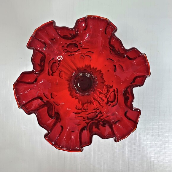 Fenton Ruby Red Glass Compote Cabbage Rose Vintage 60s Mid Century Crimped - Picture 3 of 7